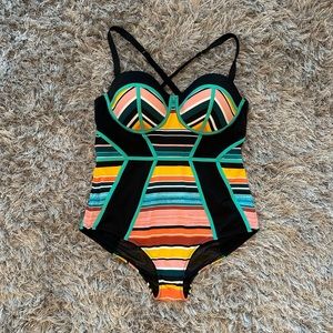 Multi-Colored Geometric Striped One Piece Bathing Suit - Torrid